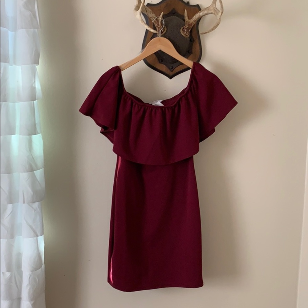 Off the shoulder burgandy mini dress